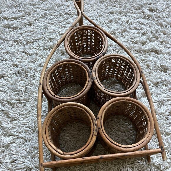 Vintage Wicker Wine Holder Rack/ Bent Bamboo and Rattan 5 Bottle Wine Rack with - Picture 6 of 14
